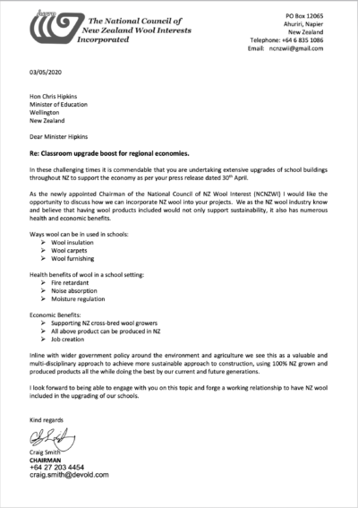 Letter to Education Minister - Wright Wool